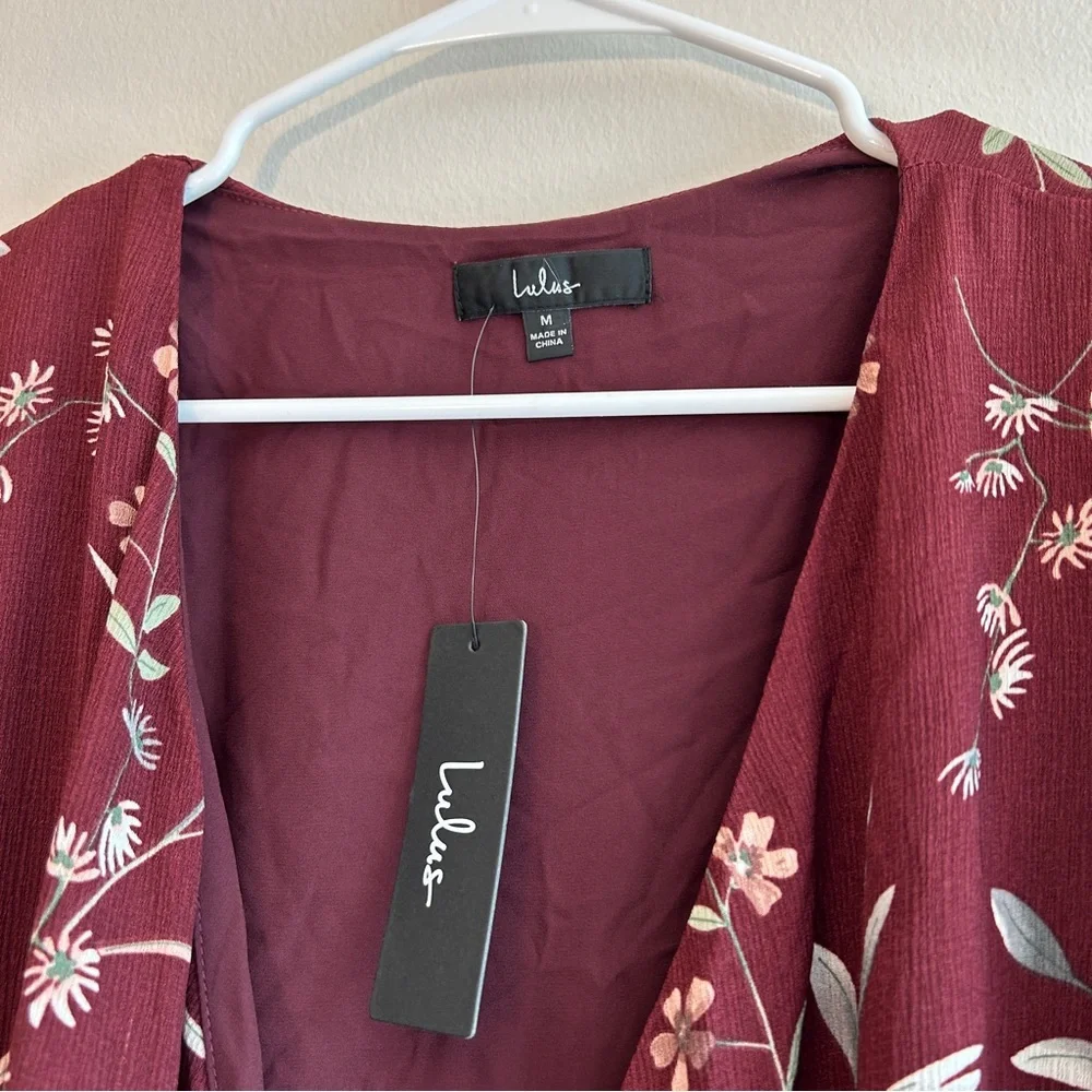 NWT Lulus Wild Winds Burgundy Floral Print High-Low Wrap Dress Size Medium - Picture 4 of 8